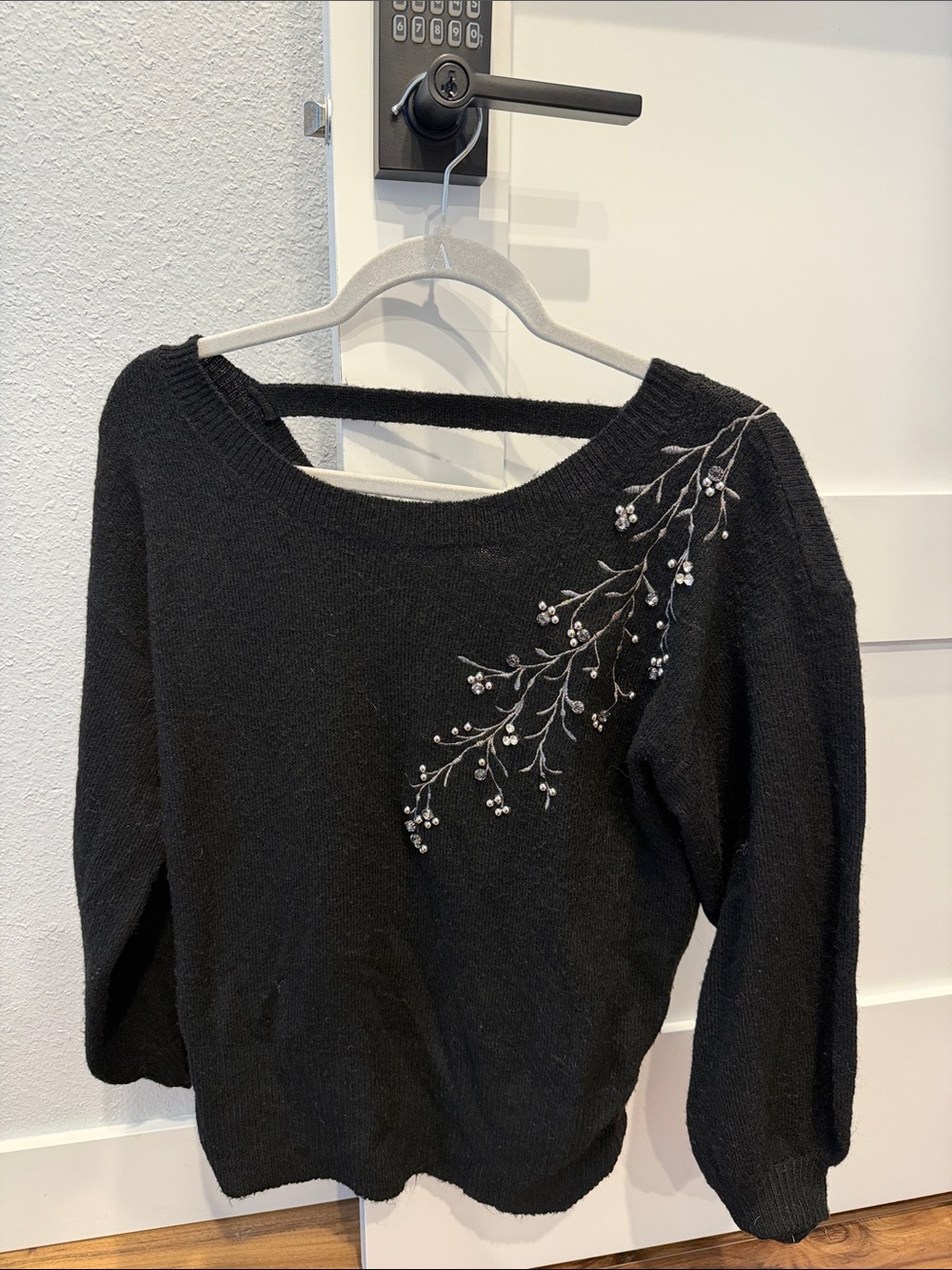 Wit & Wisdom Black Embroidered Boatneck Sweater with Silver Floral Accents
